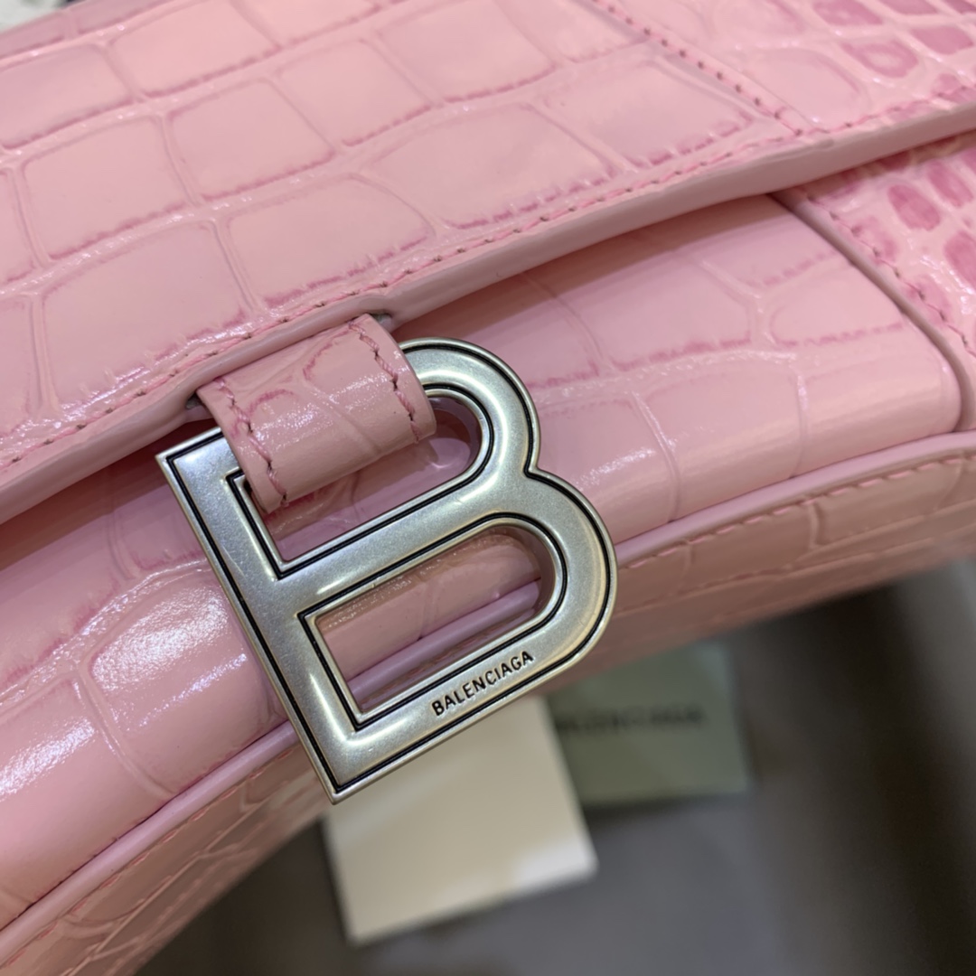 Balenciaga Hourglass Small Handbag Crocodile Embossed Shoulder Bag Pink